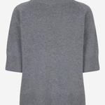 A gray knit sweater with 3/4 sleeves, shown from the back against a plain white background.