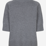 A gray knit sweater with 3/4 sleeves, shown from the back against a plain white background.