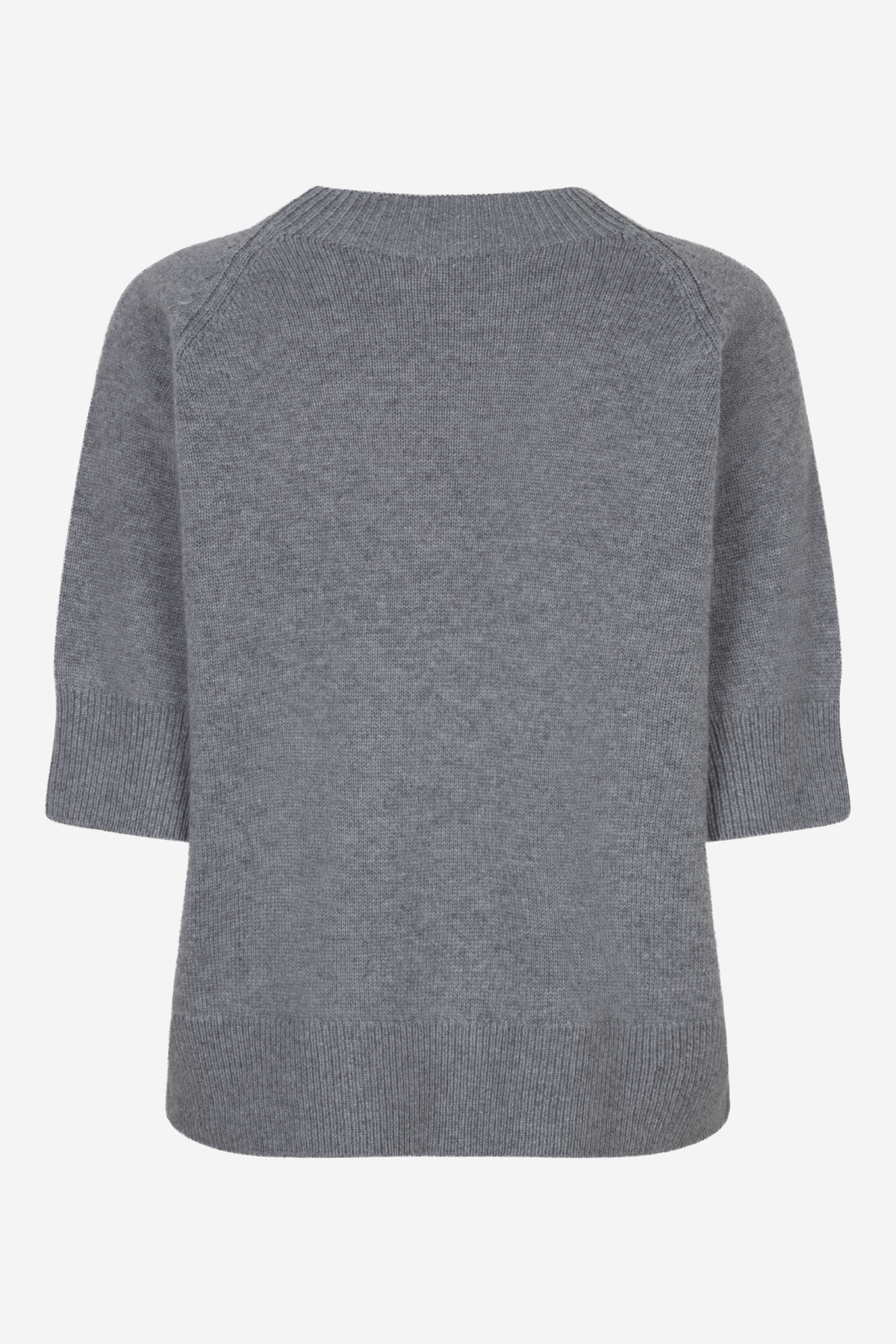 A gray knit sweater with 3/4 sleeves, shown from the back against a plain white background.