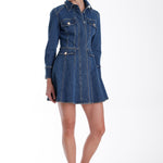 Denim mini dress with a structured silhouette in a classic blue wash