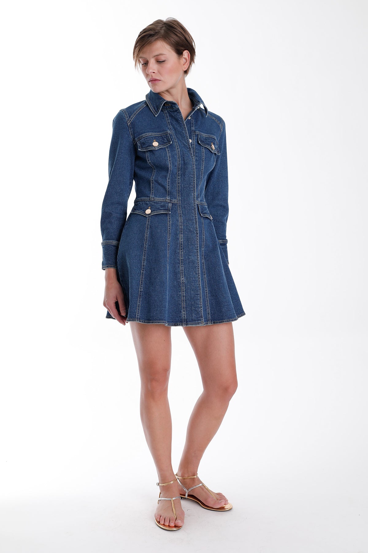 Denim mini dress with a structured silhouette in a classic blue wash