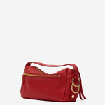 Medium-sized structured leather handbag in a rich red hue featuring a top handle and detachable shoulder strap.