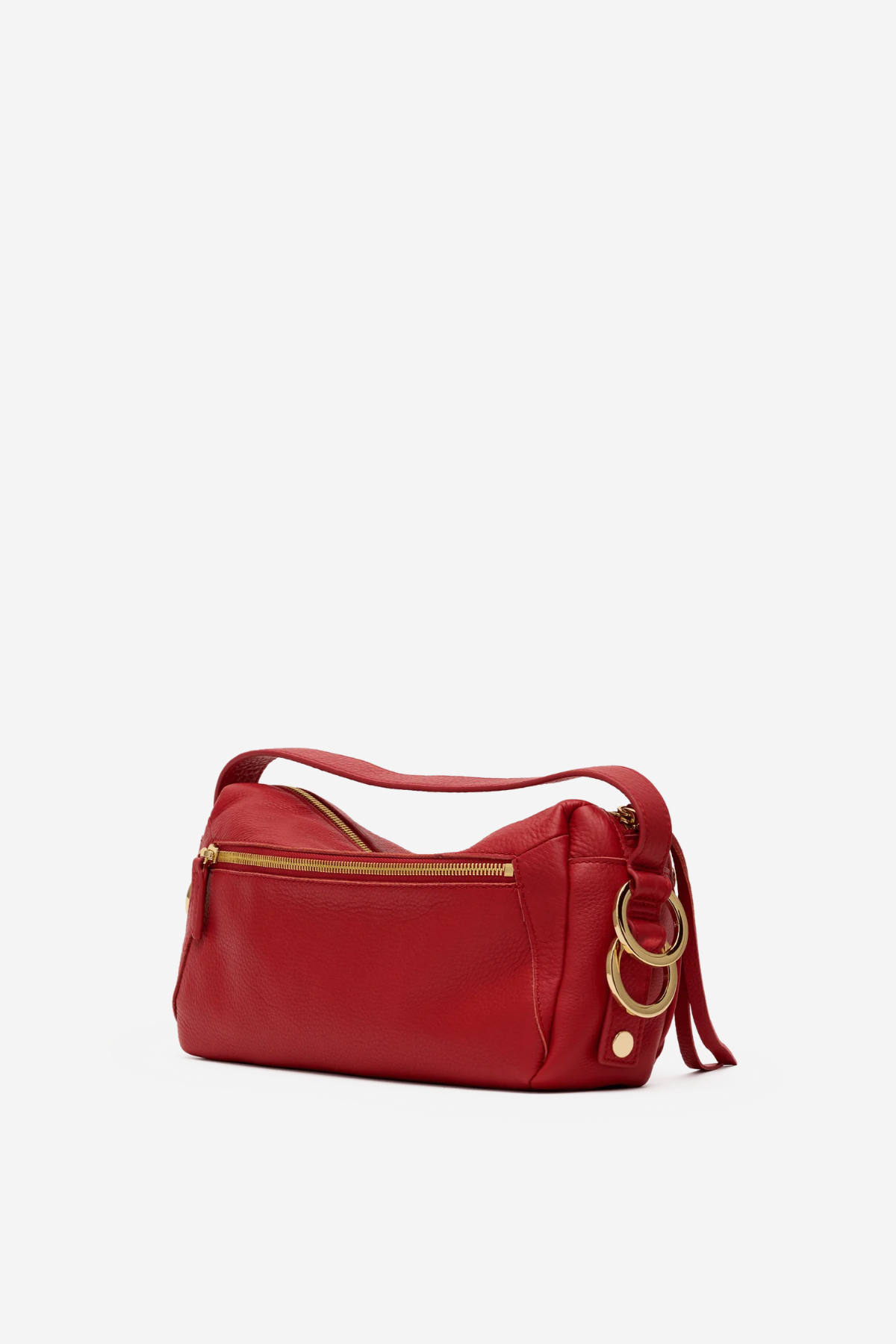Medium-sized structured leather handbag in a rich red hue featuring a top handle and detachable shoulder strap.