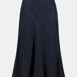 Dark blue denim skirt on a light gray background