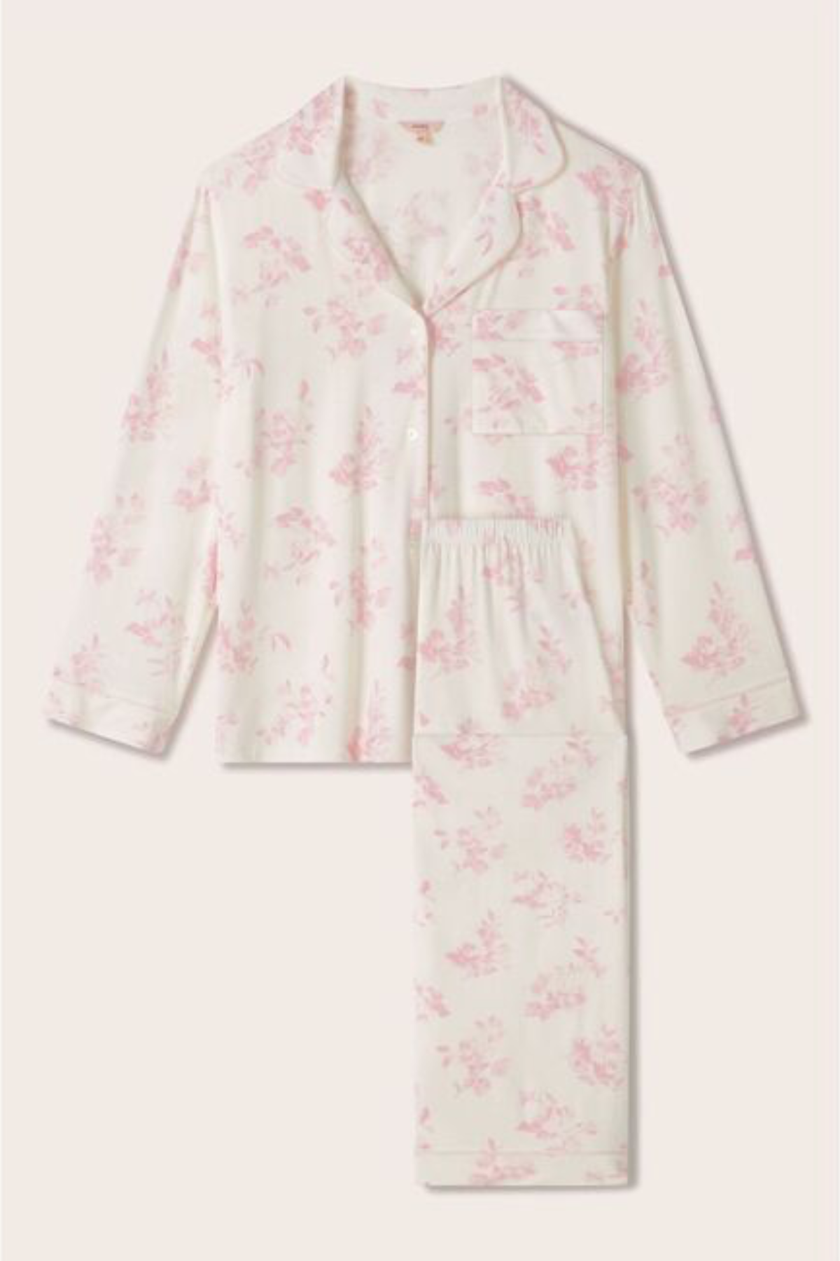 Floral-patterned nightgown on a light pink background