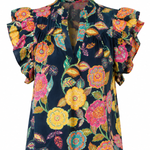 Colorful floral blouse with ruffled sleeves on a white background