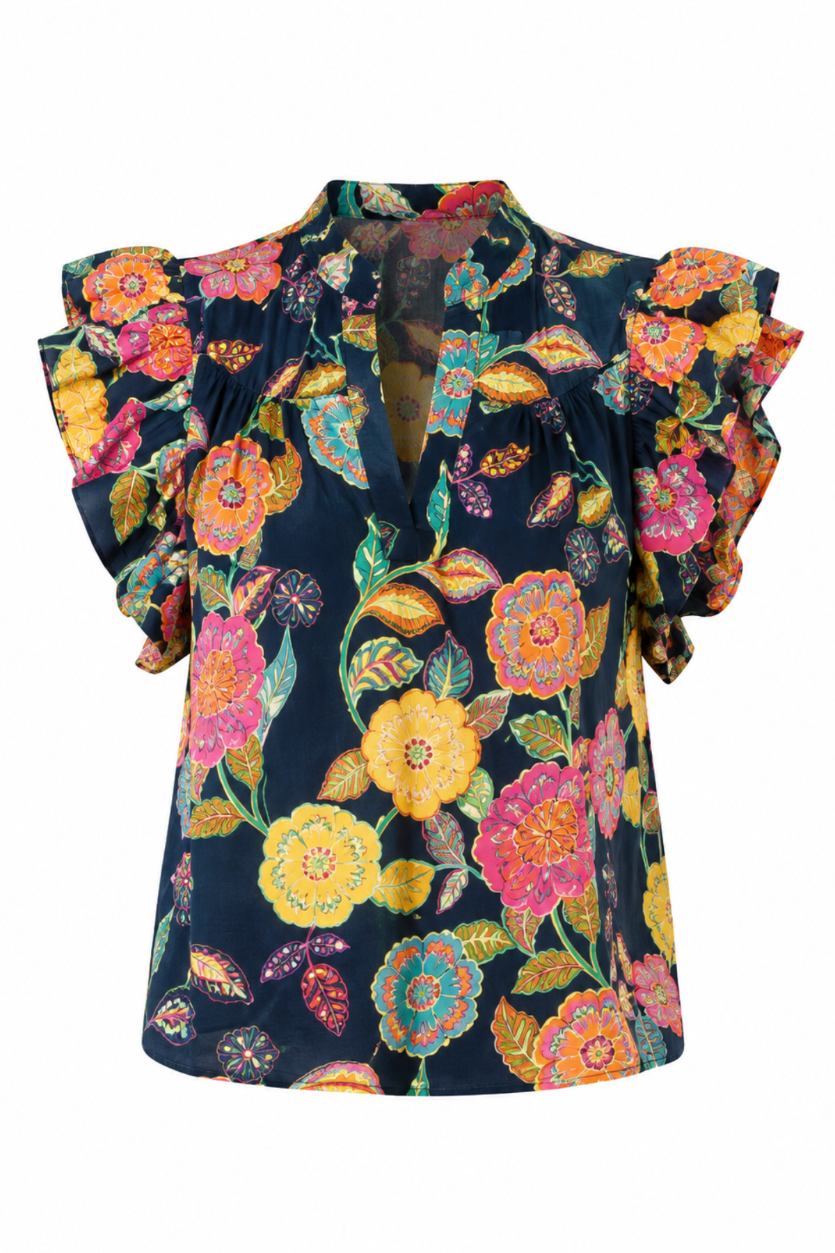 Colorful floral blouse with ruffled sleeves on a white background