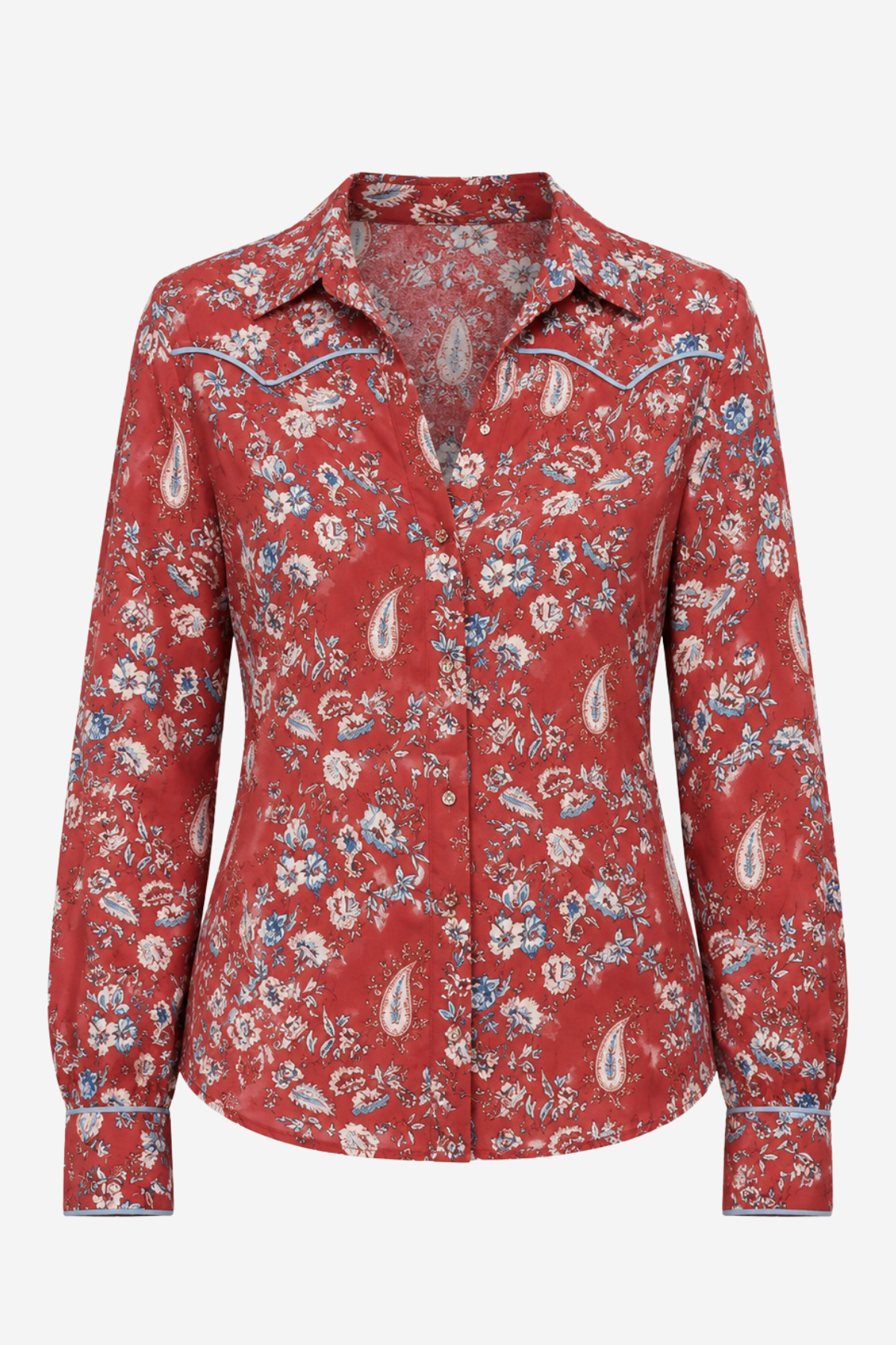 A red long-sleeve western-style button-up shirt with a paisley and floral print, featuring contrast stitching along the collar and shoulders, shown against a plain light gray background.