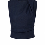A sleeveless dark navy blue top with a draped, asymmetrical neckline and a gathered waist detail, shown against a plain white background.