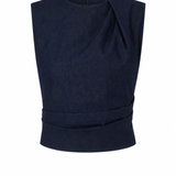 A sleeveless dark navy blue top with a draped, asymmetrical neckline and a gathered waist detail, shown against a plain white background.