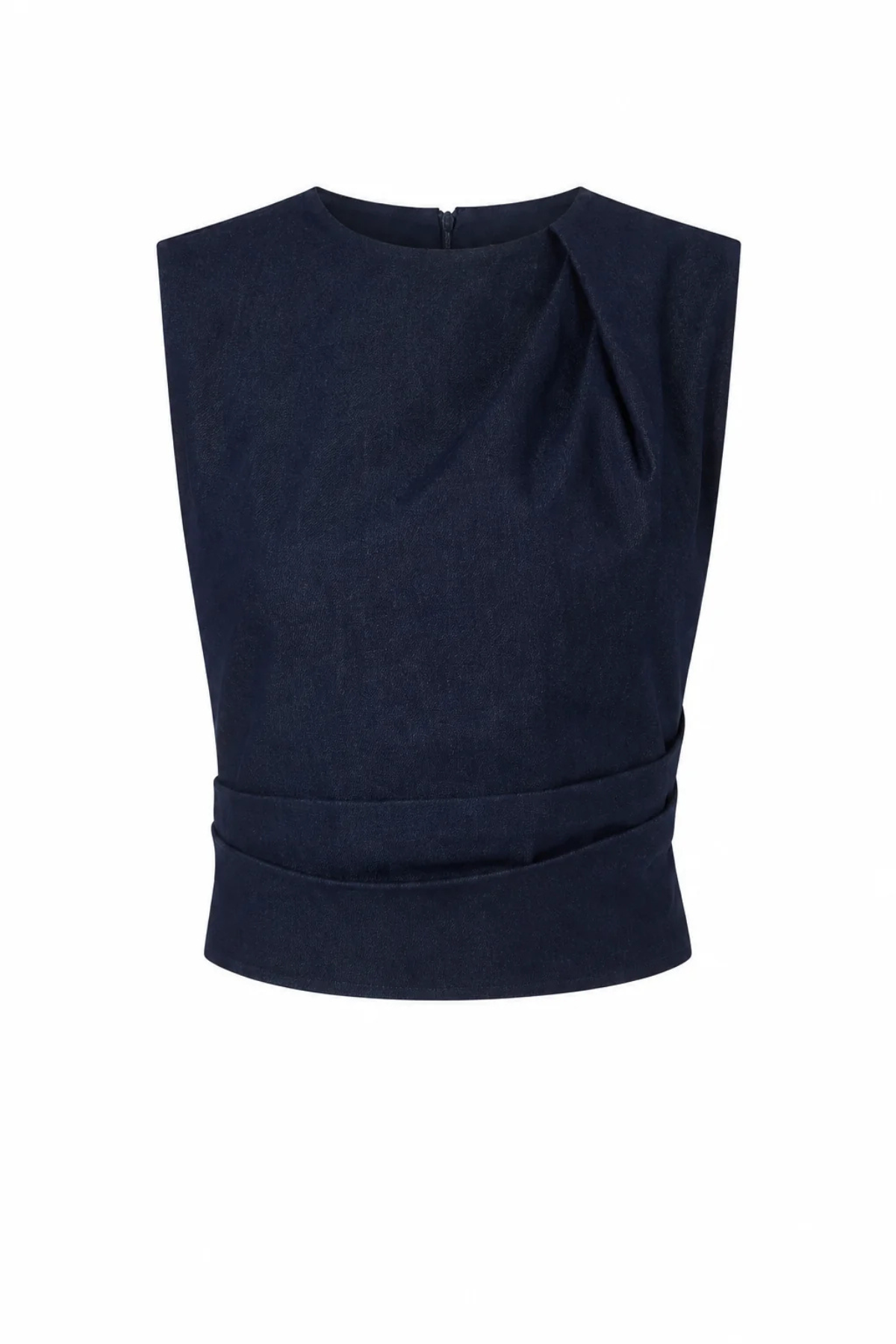 A sleeveless dark navy blue top with a draped, asymmetrical neckline and a gathered waist detail, shown against a plain white background.