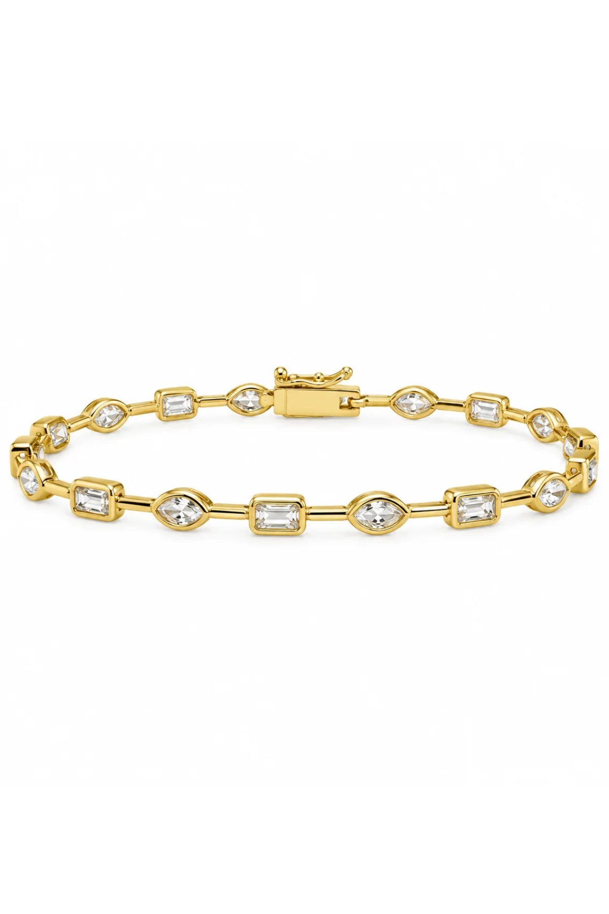 A yellow gold tennis bracelet featuring alternating rectangular baguette and oval-cut clear gemstones, displayed on a clean white background.
