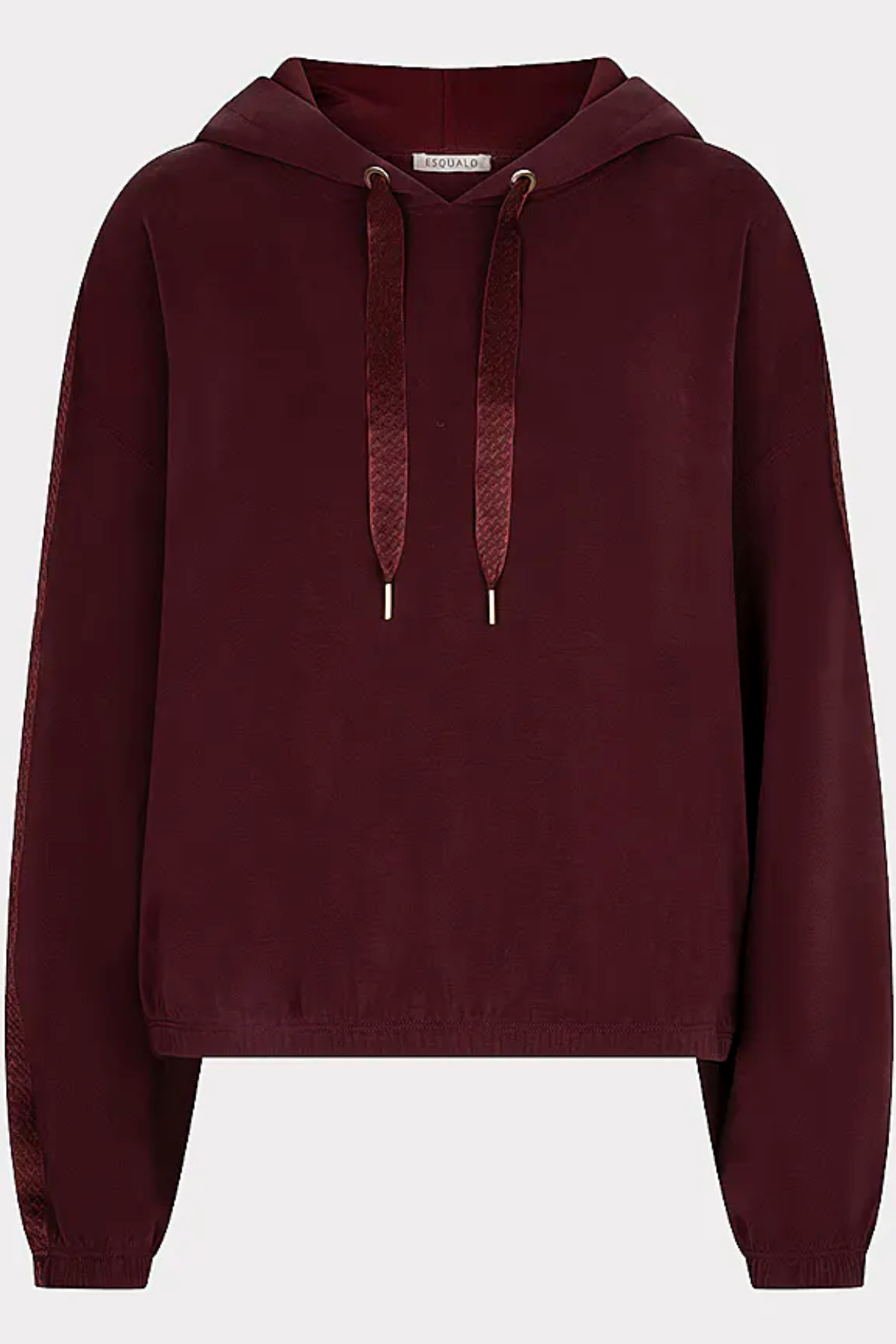 A dark burgundy cropped hoodie with matching drawstrings, displayed against a light gray background.