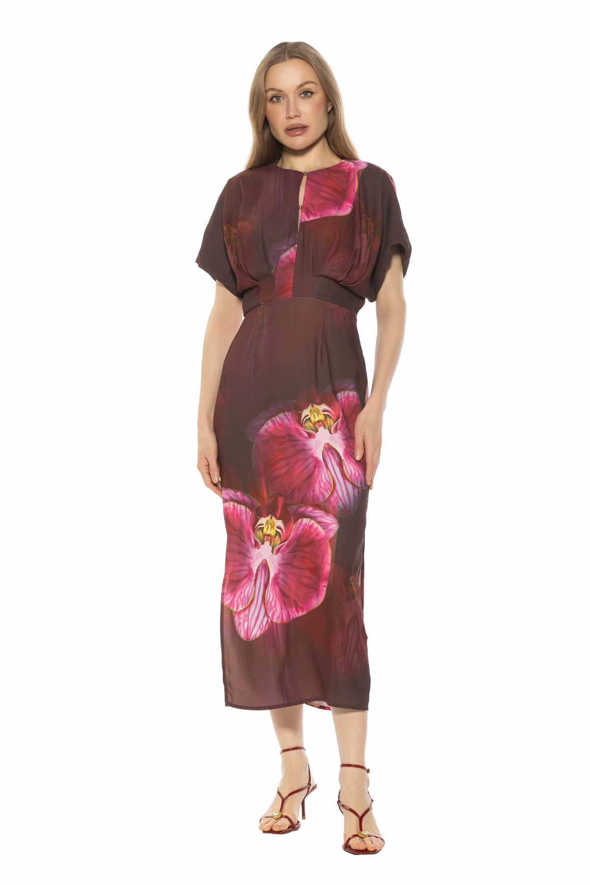 woman in large floral printed midi dress on white background 