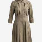 A taupe brown long-sleeve shirt dress with a button-down front, pointed collar, and pleated skirt, shown on a plain light gray background.
