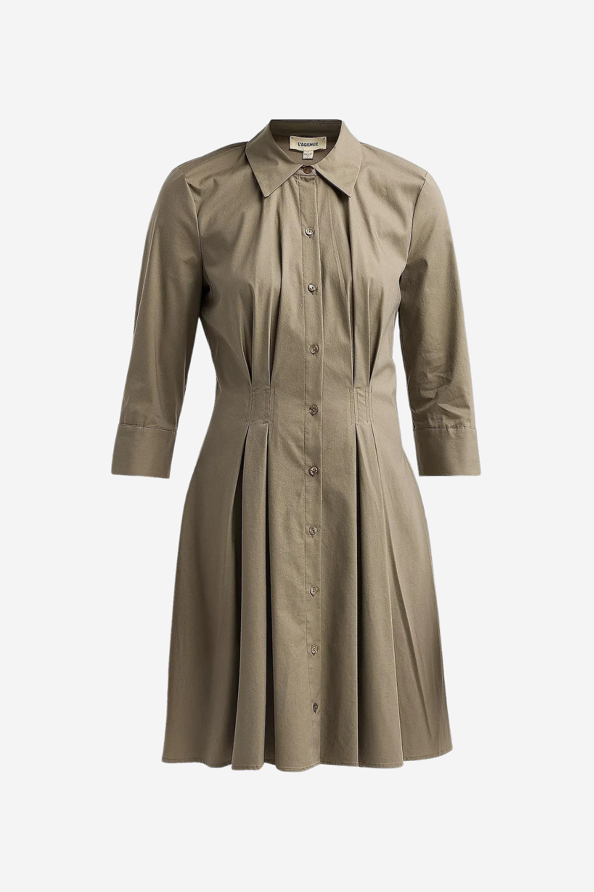 A taupe brown long-sleeve shirt dress with a button-down front, pointed collar, and pleated skirt, shown on a plain light gray background.