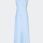 A light blue sleeveless maxi dress with a round neckline and delicate bow details at the back of the neck, shown against a solid light gray background.