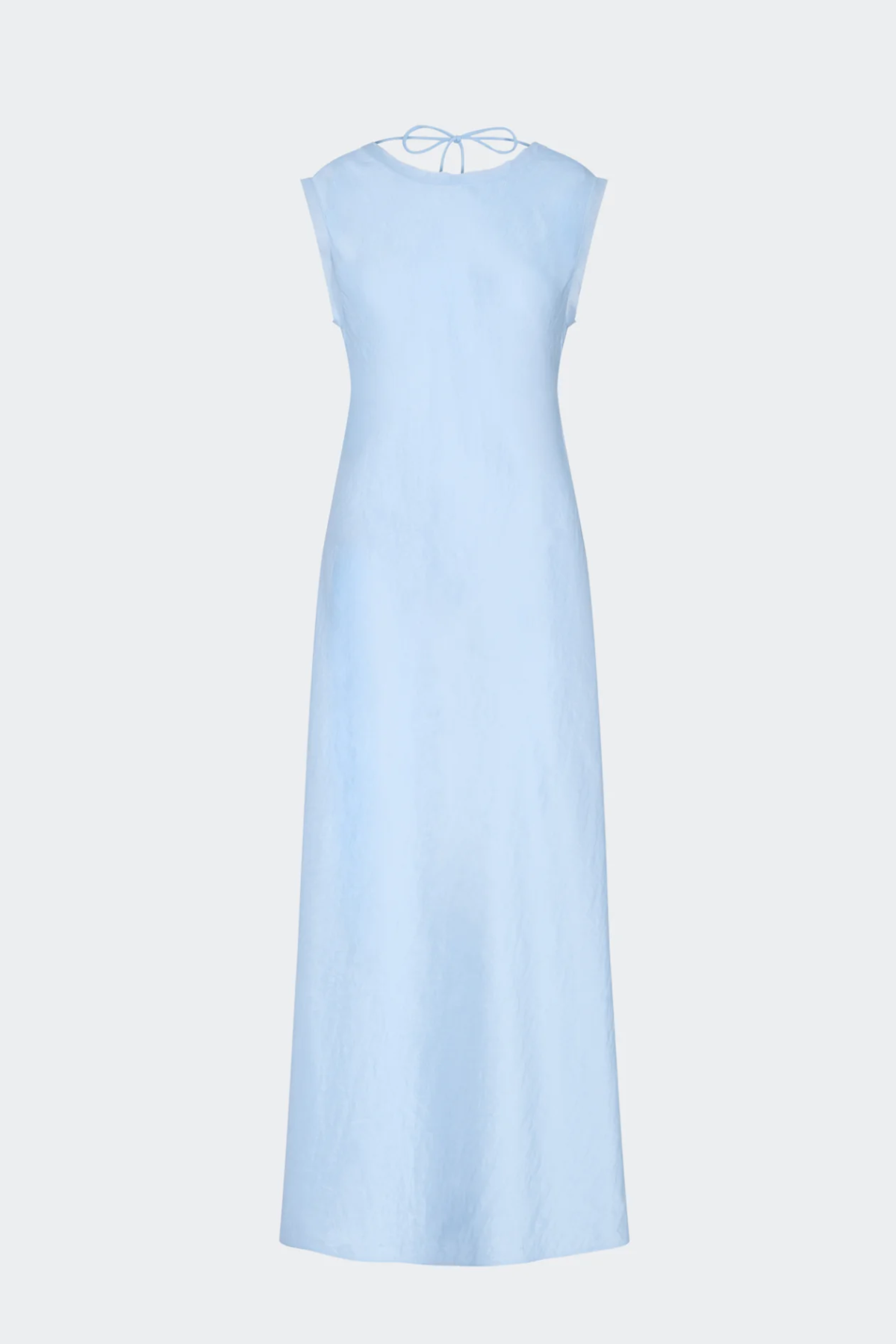 A light blue sleeveless maxi dress with a round neckline and delicate bow details at the back of the neck, shown against a solid light gray background.