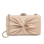 Beige clutch bag with a chain strap on a white background