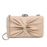 Beige clutch bag with a chain strap on a white background