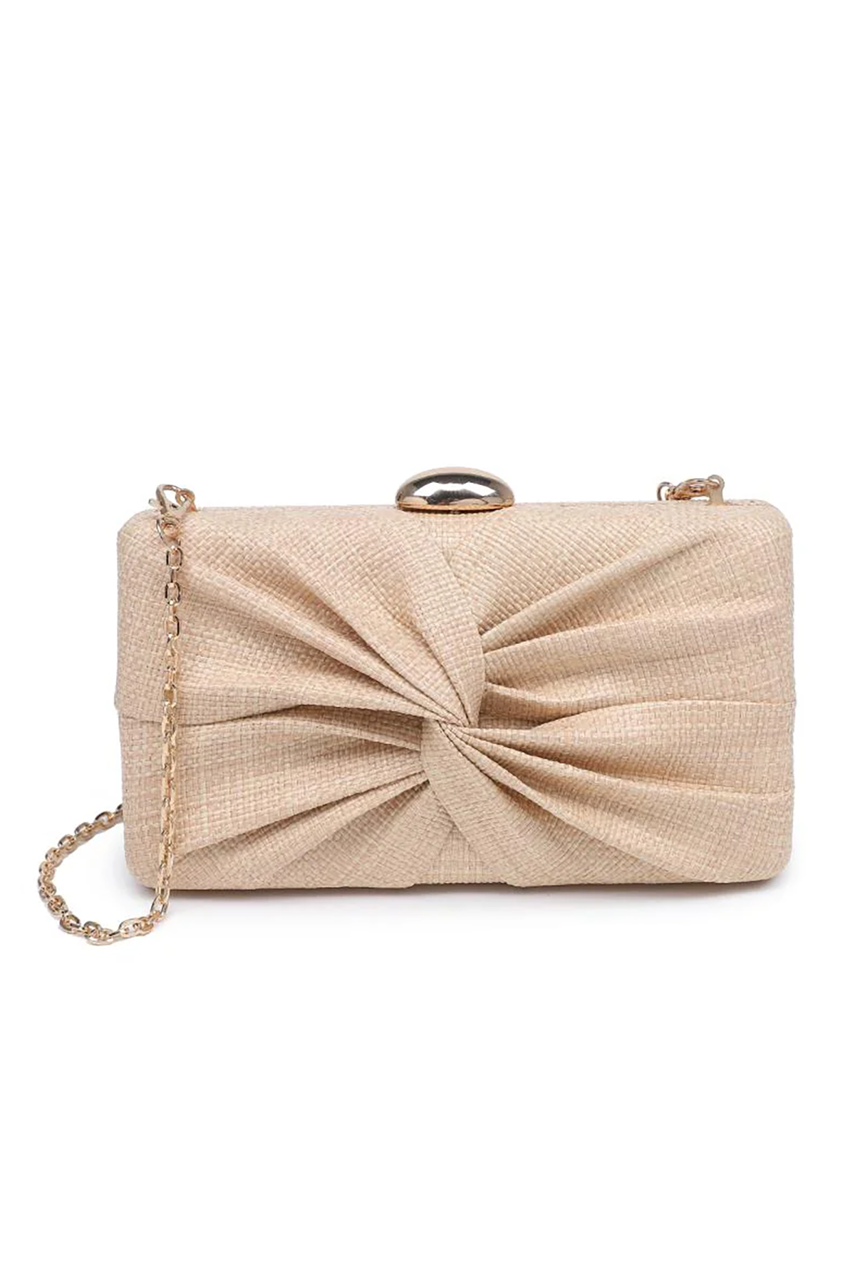 Beige clutch bag with a chain strap on a white background