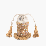Decorative bag with tassels and a textured top on a white background