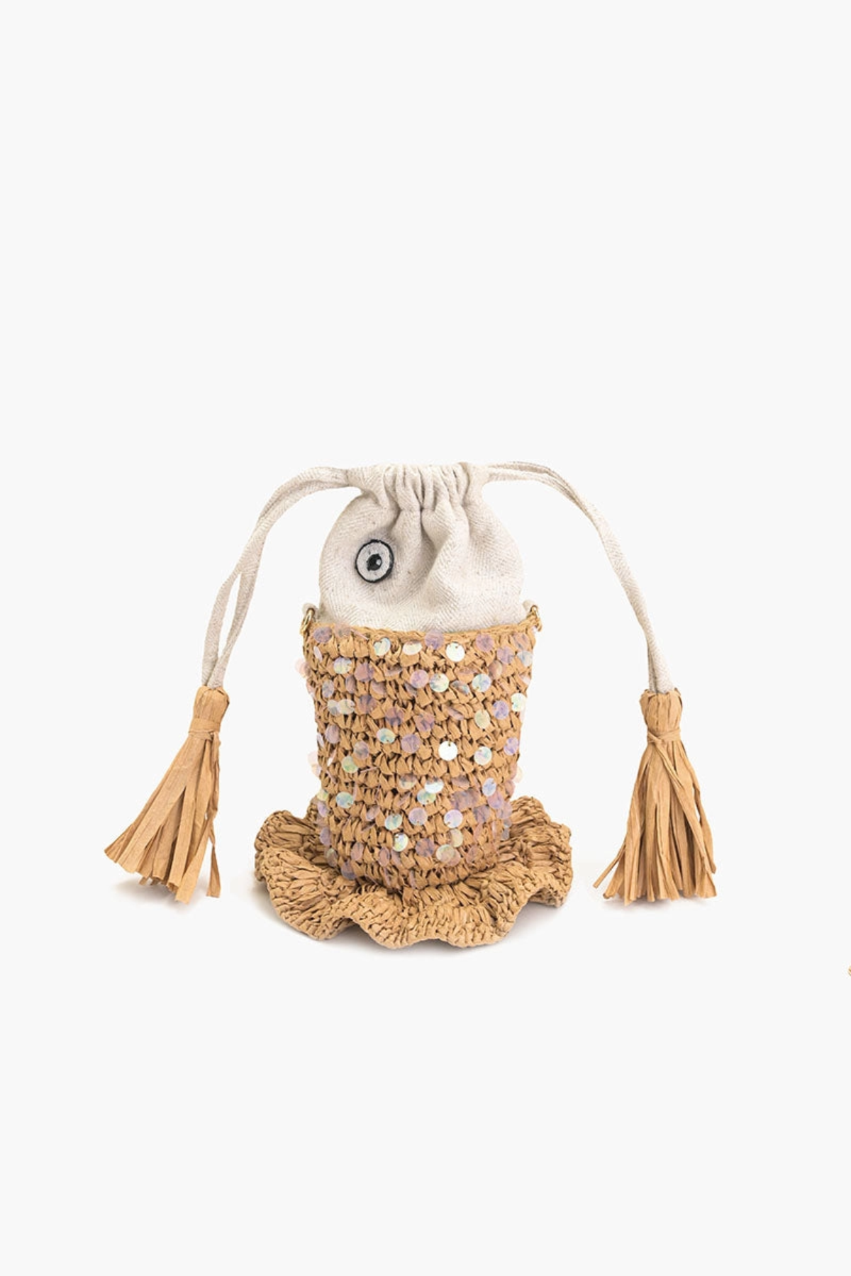 Decorative bag with tassels and a textured top on a white background