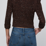 A person shown from the back wearing a dark brown textured knit sweater covered in small silver sequins, paired with blue jeans, against a light gray studio background.