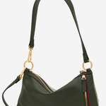 An olive green leather shoulder bag with gold-tone hardware, featuring a zippered main compartment, a side zippered pocket with a red accent stripe, and a long adjustable shoulder strap, shown against a plain white background.