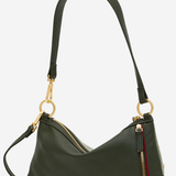 An olive green leather shoulder bag with gold-tone hardware, featuring a zippered main compartment, a side zippered pocket with a red accent stripe, and a long adjustable shoulder strap, shown against a plain white background.