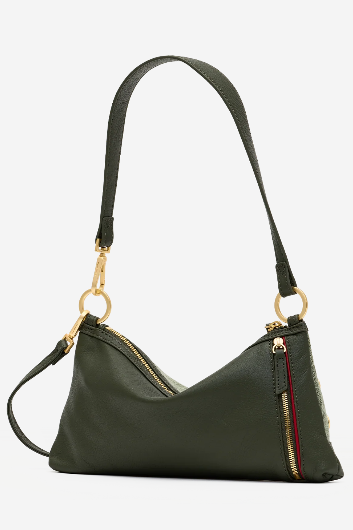 An olive green leather shoulder bag with gold-tone hardware, featuring a zippered main compartment, a side zippered pocket with a red accent stripe, and a long adjustable shoulder strap, shown against a plain white background.
