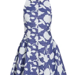 blue and white floral sleeveless dress on white background 