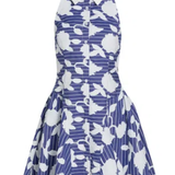 blue and white floral sleeveless dress on white background 