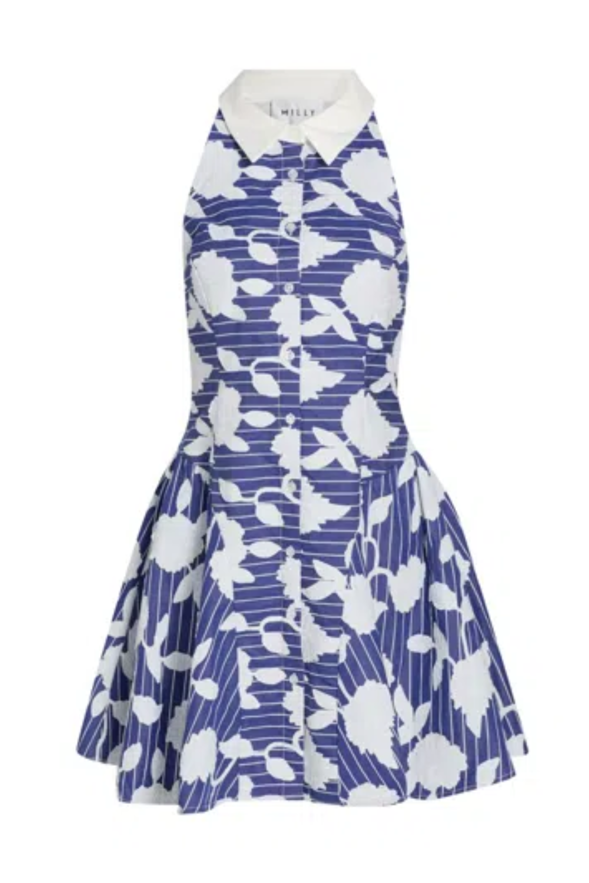 blue and white floral sleeveless dress on white background 
