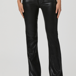 Black faux-leather flare jeans with a glossy finish, modeled on a person wearing black pointed-toe heels against a light gray studio background.