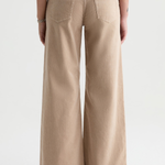 A person shown from the back wearing light beige wide-leg jeans with a brown top and black shoes, photographed against a plain light gray studio background.
