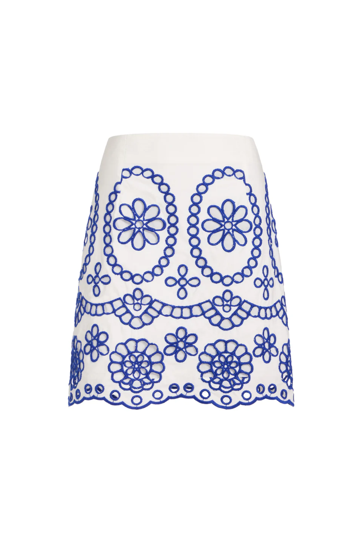 White skirt with blue floral embroidery on a white background