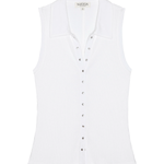 White sleeveless button-up shirt on a white background