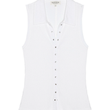 White sleeveless button-up shirt on a white background