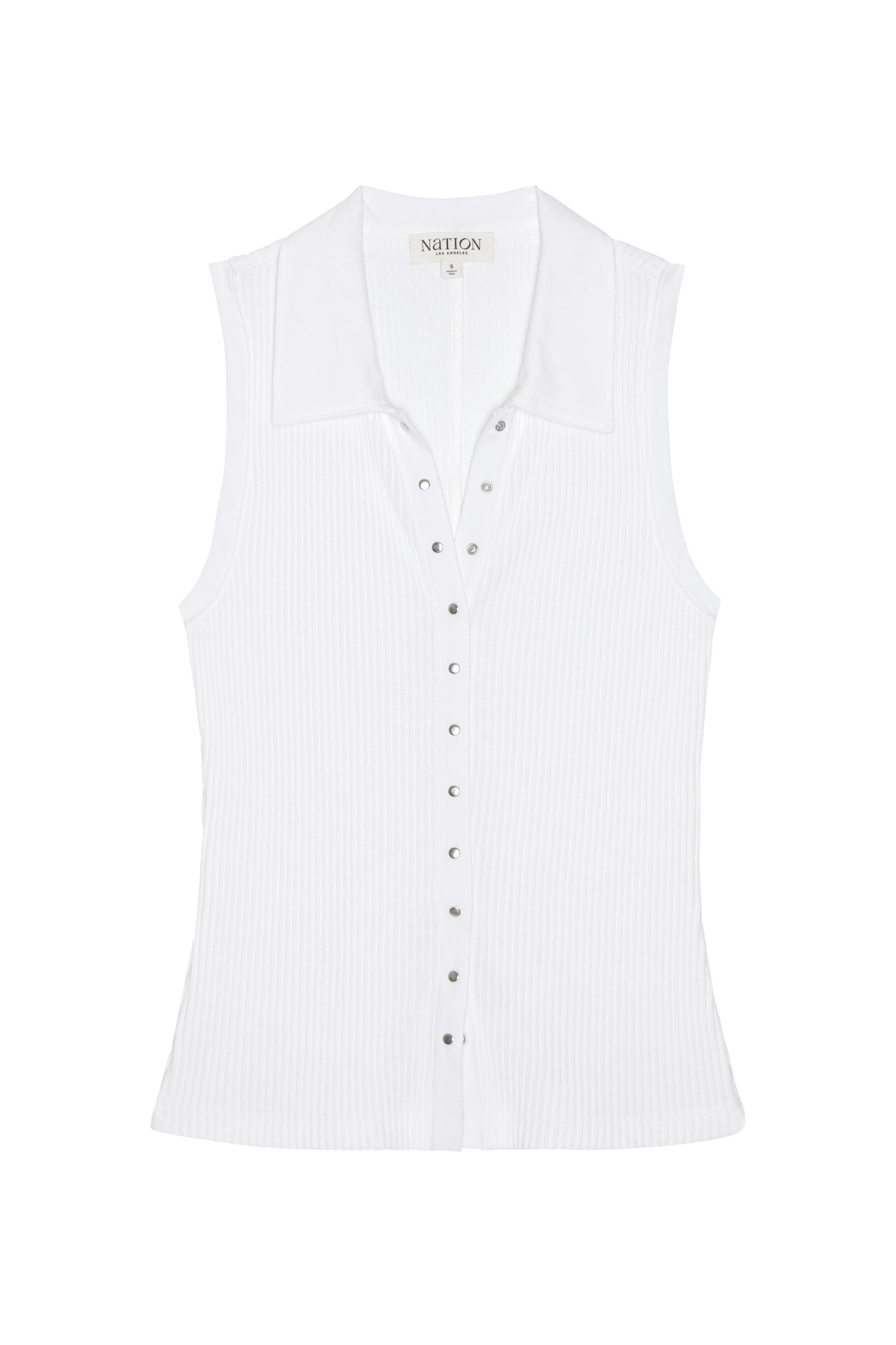 White sleeveless button-up shirt on a white background