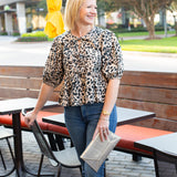 Leopard Puff Sleeve Peplum Tie Top