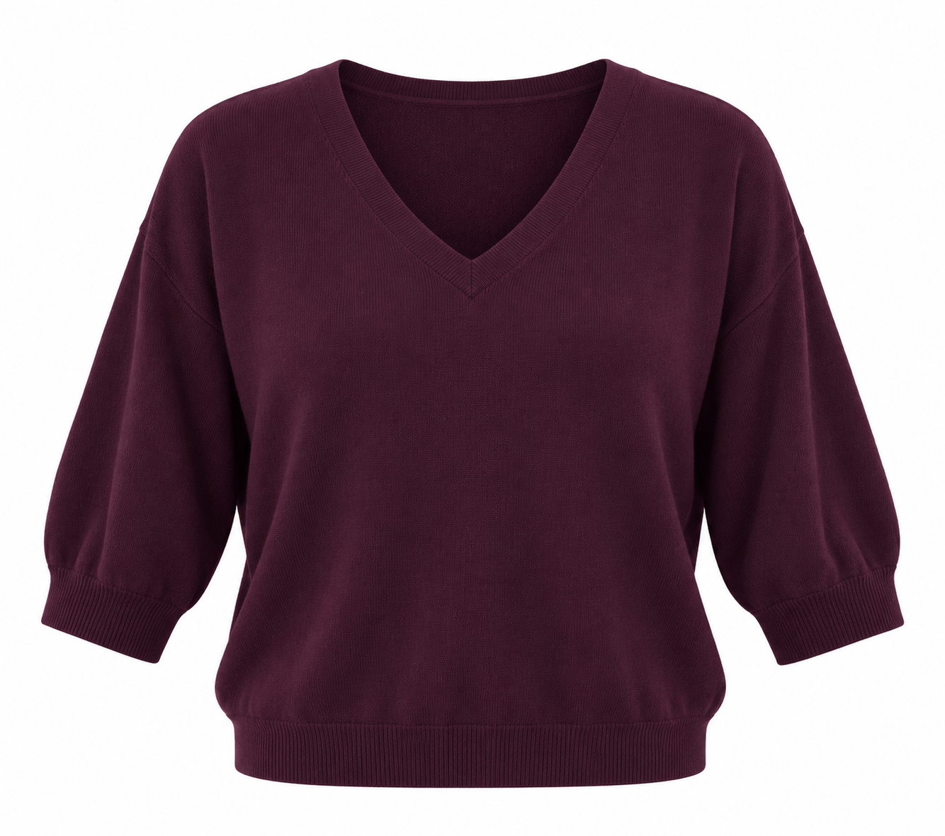 Women's burgundy V-neck knit top featuring three-quarter sleeves and a relaxed silhouette.