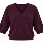 Women's burgundy V-neck knit top featuring three-quarter sleeves and a relaxed silhouette.