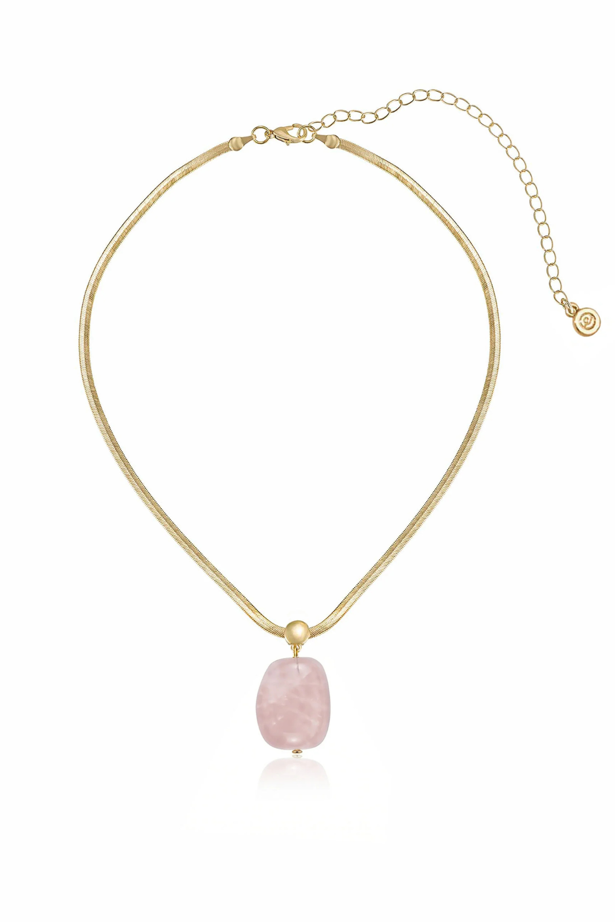 A gold chain necklace featuring a large, teardrop-shaped light pink stone pendant, displayed on a clean white background.