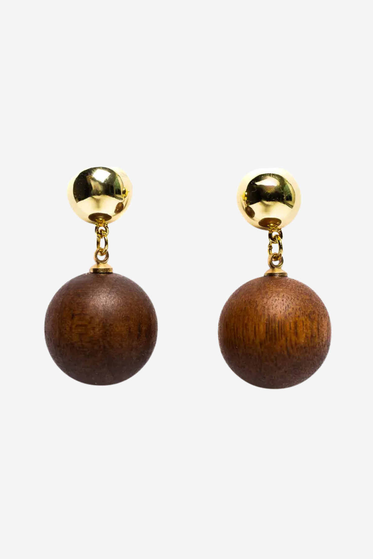 A pair of drop earrings featuring round dark brown wooden beads suspended from shiny gold-tone studs, shown against a plain light gray background.