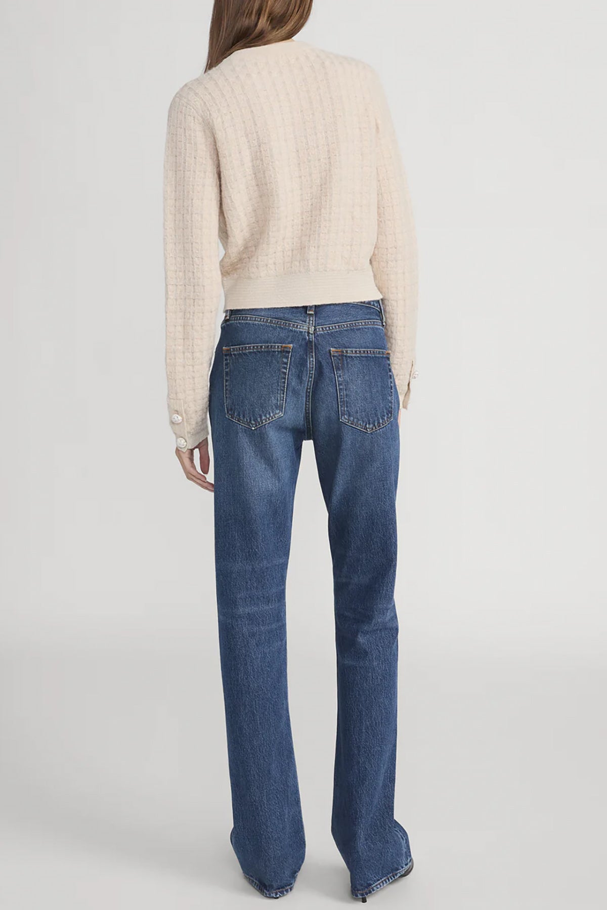 Check-pattern cardigan with subtle lurex shimmer, worn open over a neutral top