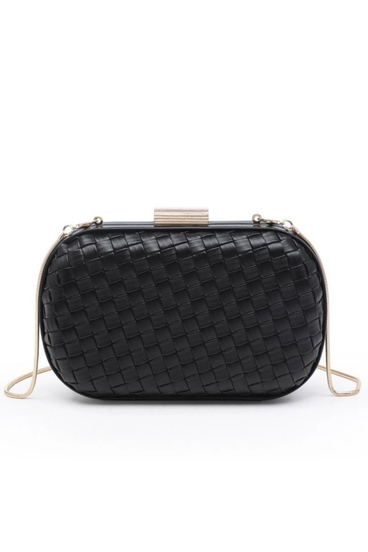 Black woven leather clutch bag with a gold-tone metal clasp and a thin gold shoulder strap, shown against a plain white background.