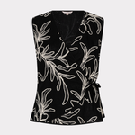 Black sleeveless top with white floral pattern on a white background