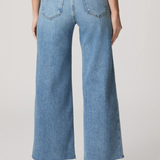 Person wearing light blue wide-leg jeans on a plain background