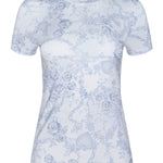 Light blue floral patterned t-shirt on a white background